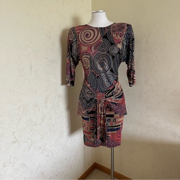 Cache Vintage XS/Small Petite 80-90s Geometric Dolman Sleeve Party Dress - Picture 6 of 16